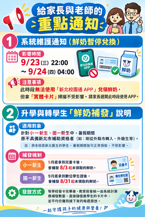 新北校園通系統維護 & 小一新生鮮奶發放說明